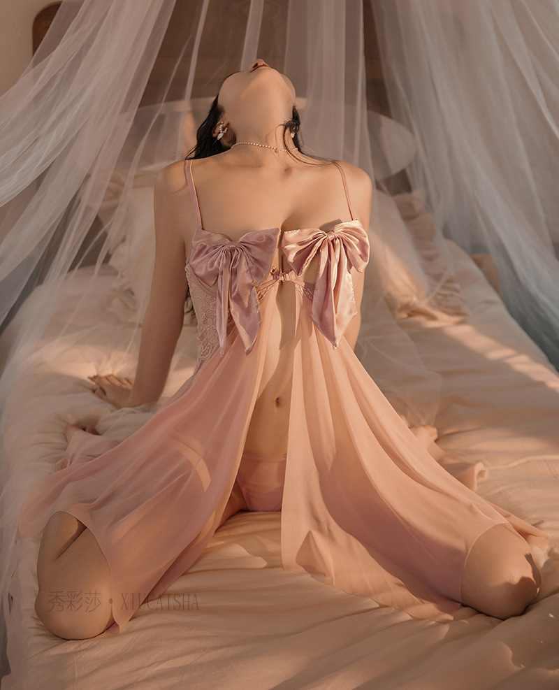 Pink Mesh Babydoll Nightdress Set with Robe and Halter Top, One Size — detail image 8