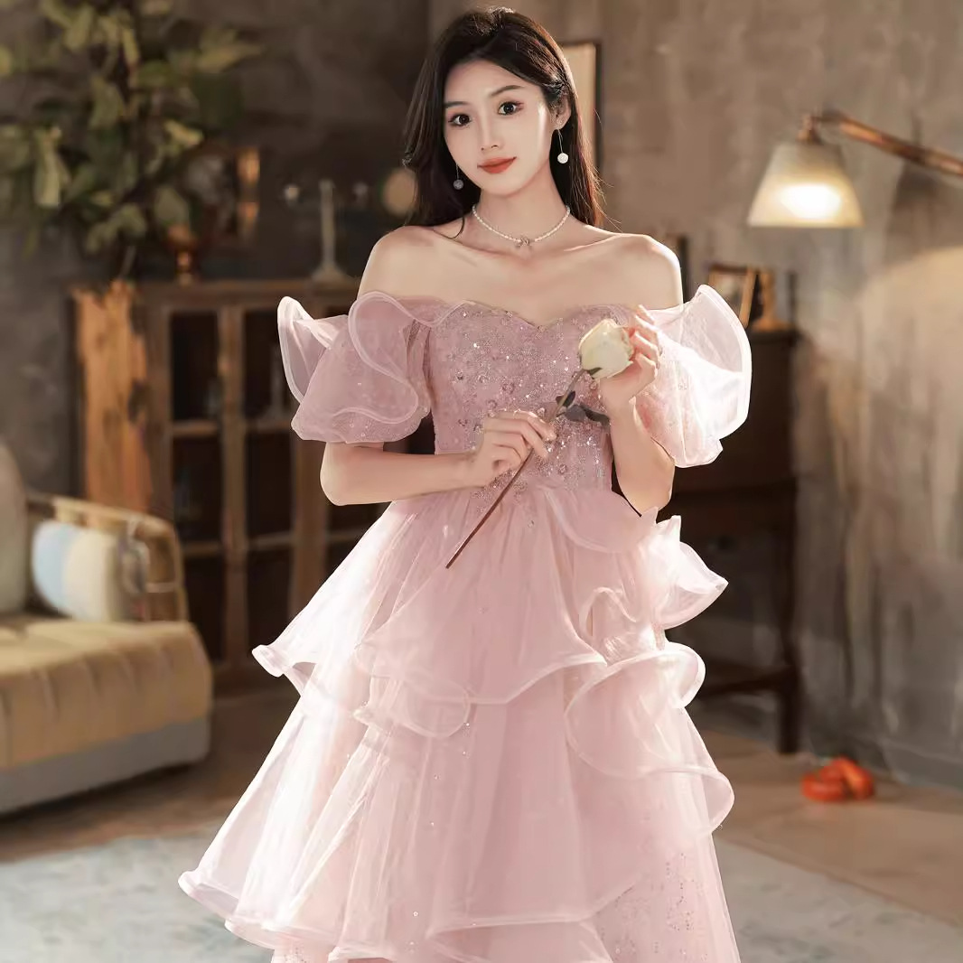 Vestido de noche estilo francés para mujer, nuevo modelo 2026, elegante estilo socialité, para presentaciones, exámenes de arte, súper elegante, color rosa hada, para banquetes de compromiso