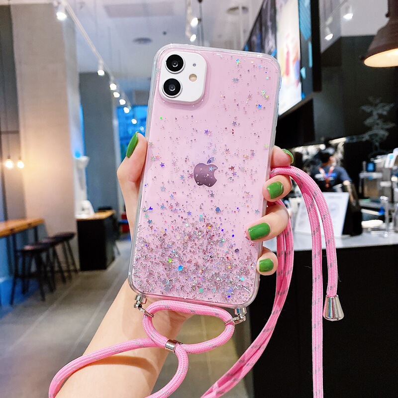 13 Glitter Epoxy Phone Case Crossbody Iphone15 Transparent Wearable Suitable for Apple 16 Neck Strap 17Promax