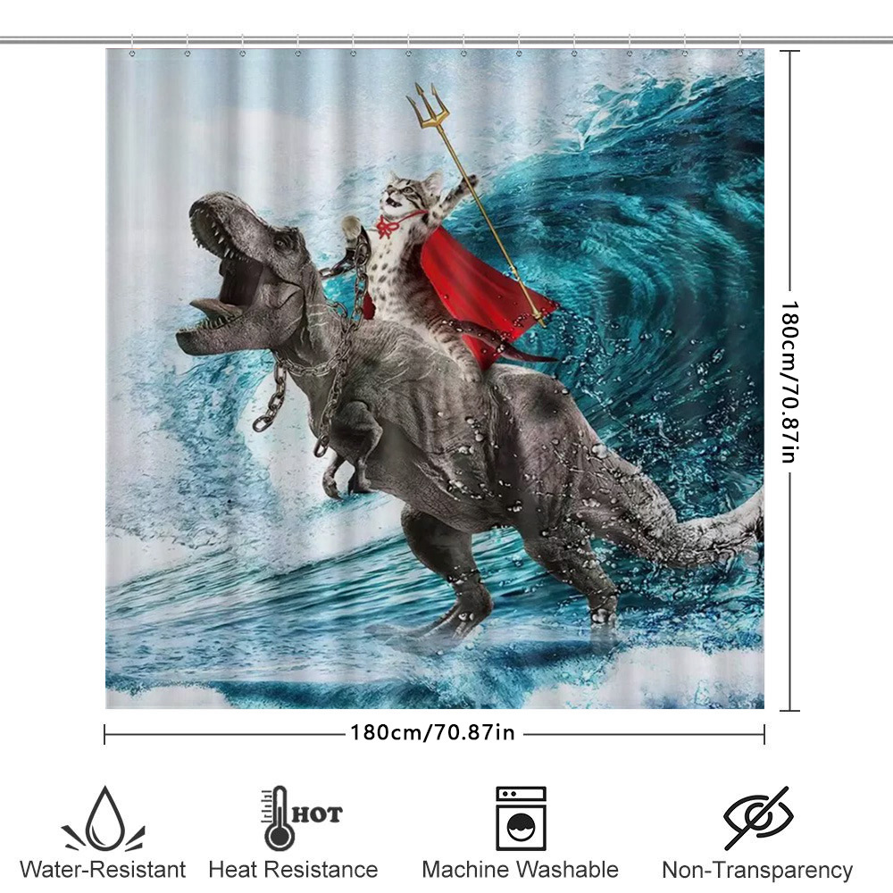 Divertida cortina de baño valiente gato sostiene tridente flecha montar tiburones en las olas ballenas gatos cortina de baño conjunto baño