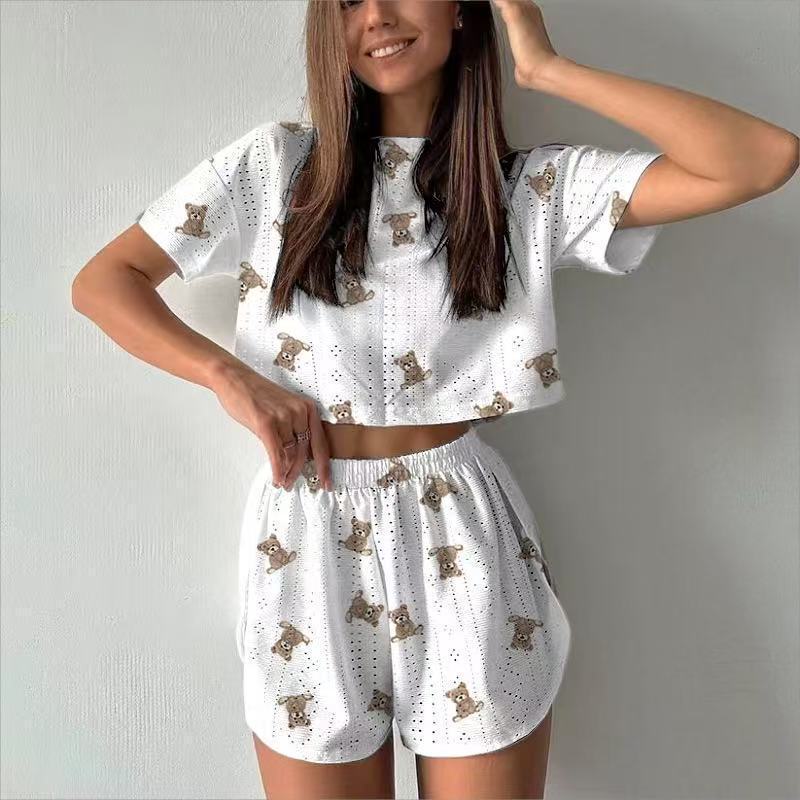 现货跨境欧美女式睡衣家居服套装女士夏季两件套短袖短裤提花时尚|undefined