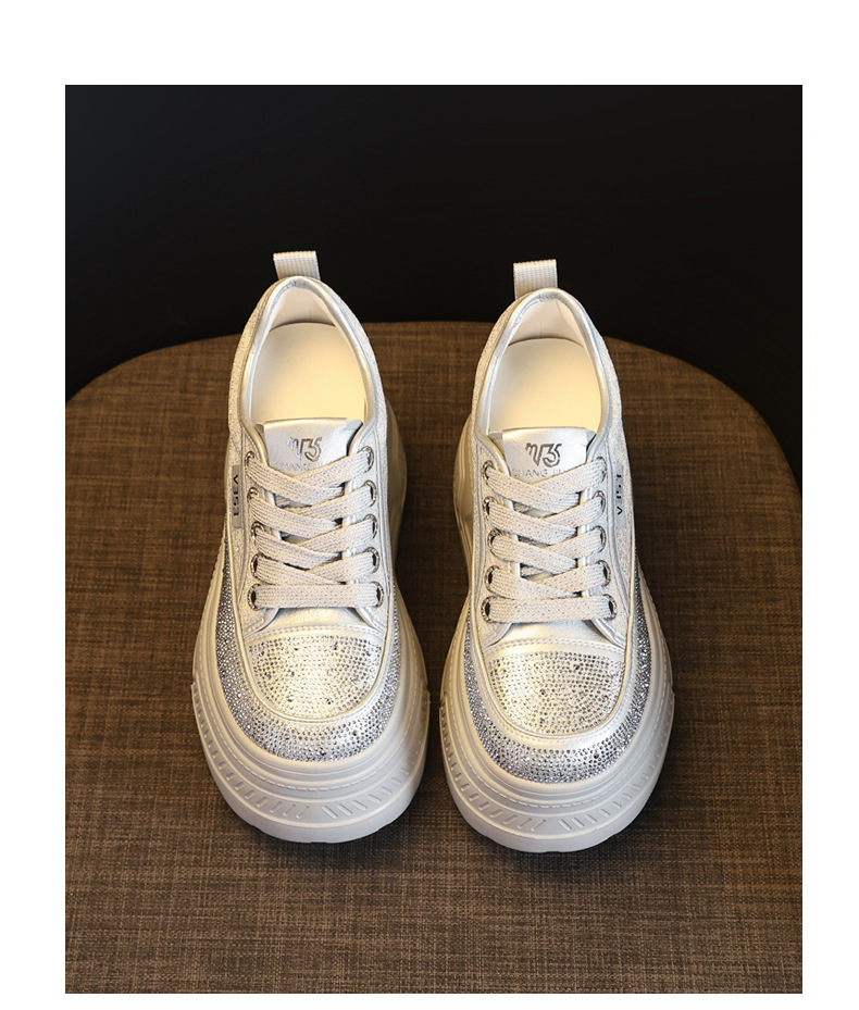 Giày sneaker nữ đế dày tăng chiều cao, phối đá rhinestone trắng, phong cách thể thao — màu trắng chi tiết 19