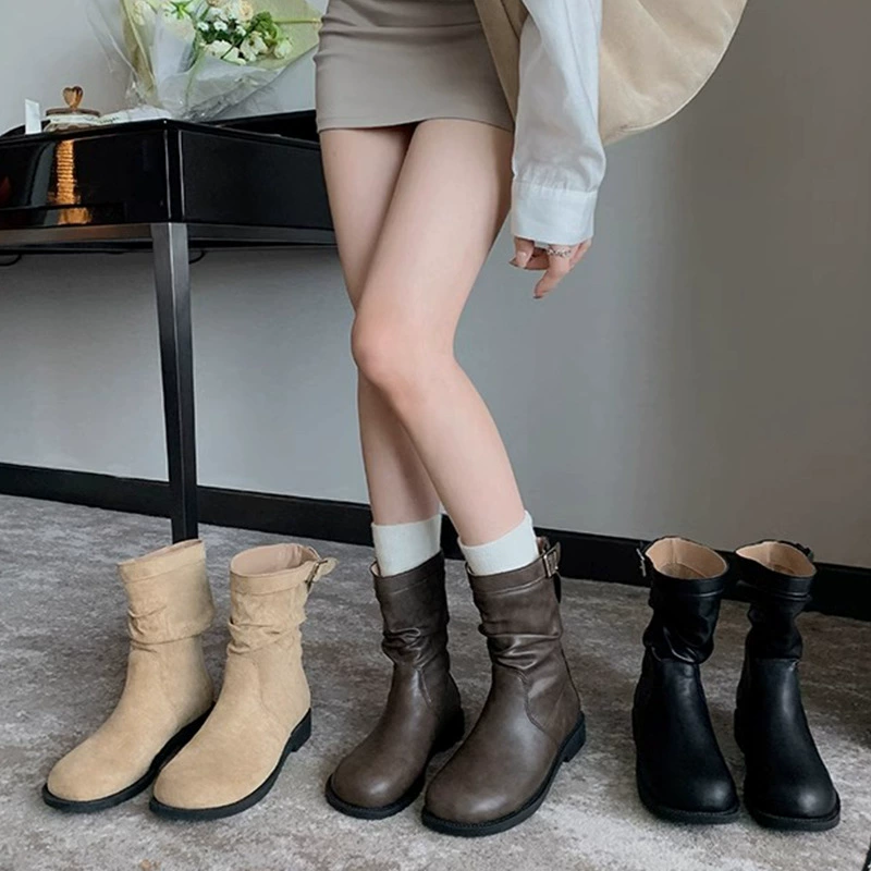 Виноградная мама studiolee Корейская круглая голова складка замши толстые каблуки с толстым дном