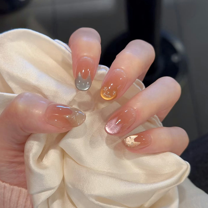 Cute and Playful Kitten-Themed Nail Art, New Spring/Summer Dopamine-Colored Cat-Eye Nail Stickers, Sweet Girl Short Style Pre-Made