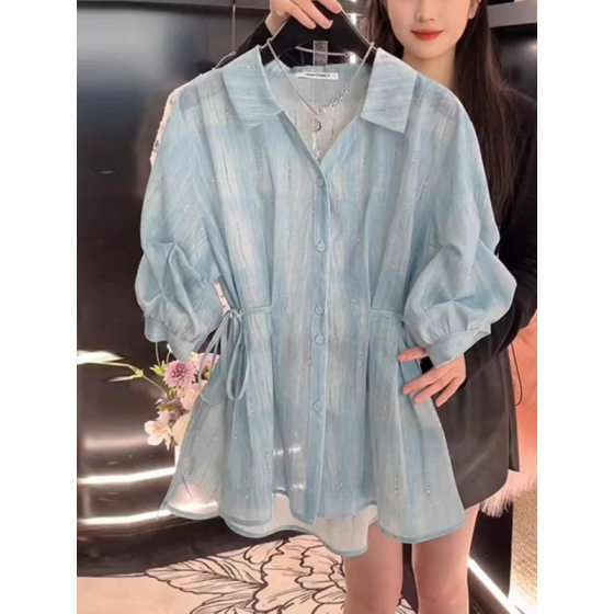 French Blue Halo Lace-up Waist Slimming Shirt Women's 2025 Summer New Puff Sleeve Button Cardigan Top