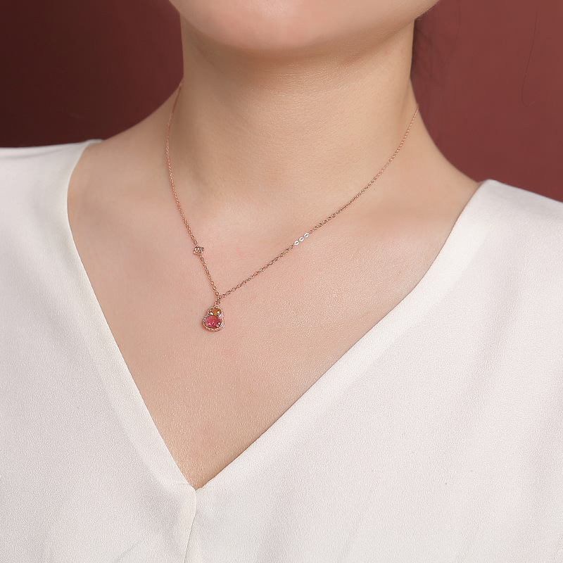 Dây chuyền bạc S925 mạ vàng hồng mặt đá tourmaline hình hồ lô phong cách tân trung hoa — Dây chuyền (màu tourmaline ngẫu nhiên)