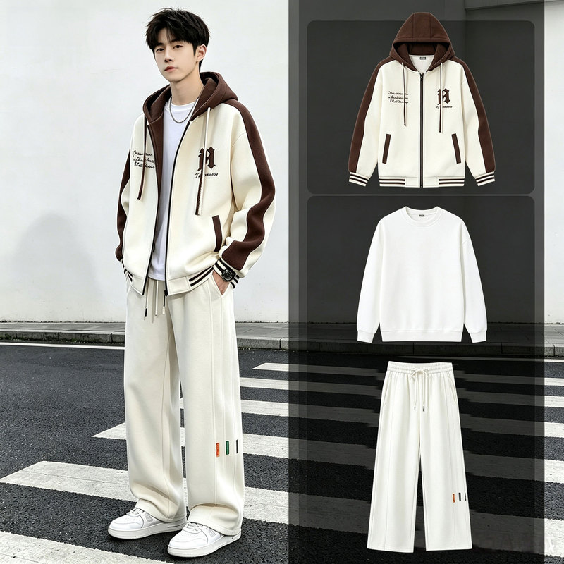 Autumn and winter casual sportswear set for boys, including an outer jacket, paired with trendy clothing suitable for teenagers and high school students