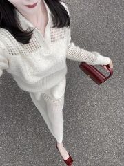 搭配女长袖套装秋季设计两件针织衫镂空韩系高腰新款白色半身裙感