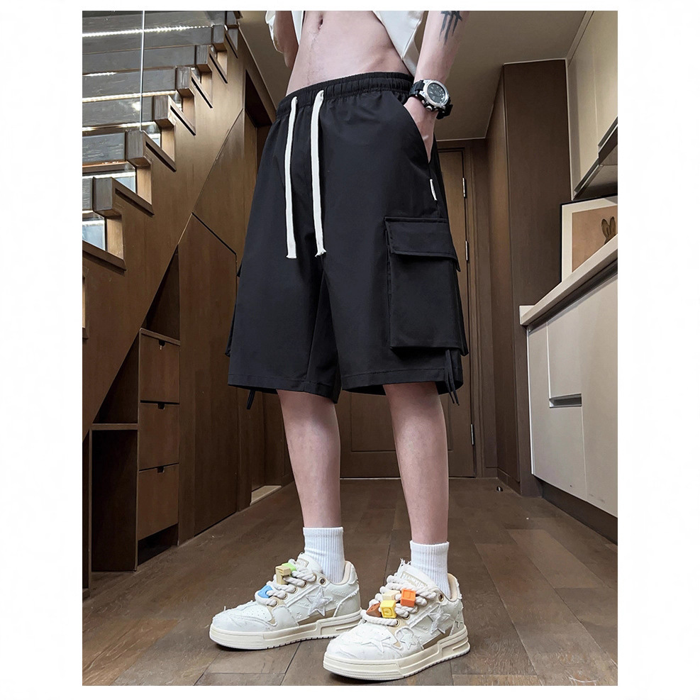 Thin Workwear Shorts for Men, Summer 5-Point Pants, Loose Trendy Beach Shorts, Casual Black Japanese Style Breathable Straight-Leg Shorts