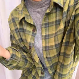 2026春夏新款复古港风绿色格子外套女 宽松bf慵懒风翻领长袖衬衫