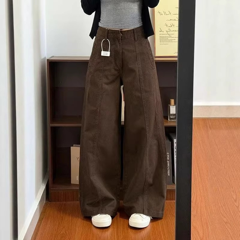 Brown Melard Pants Casual Straight-Leg Jeans for Women, American Style High-Waisted Versatile Loose Slimming Wide-Leg Brown Pants