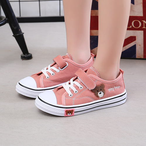 Children's Shoes Foreign Trade  Children's Bear Canvas Shoes Fashion Student White Shoes Boys and Girls Velcro Shoes Wholesale