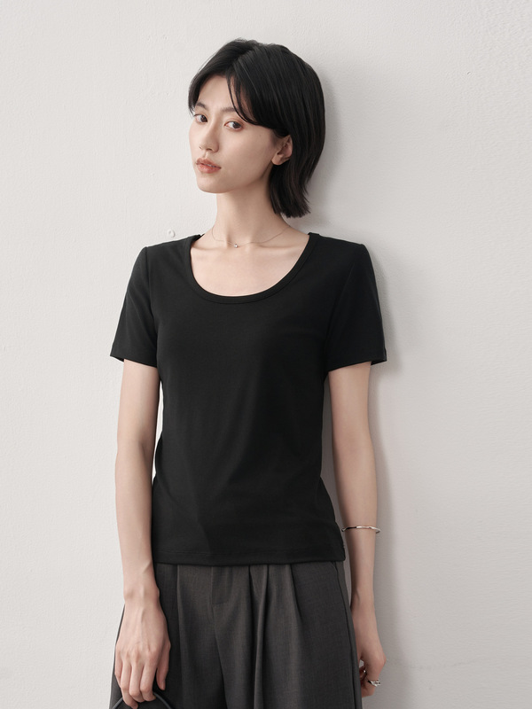 莱赛尔天丝大圆领T恤女短袖正肩外穿显瘦露锁骨半袖体恤衫|undefined