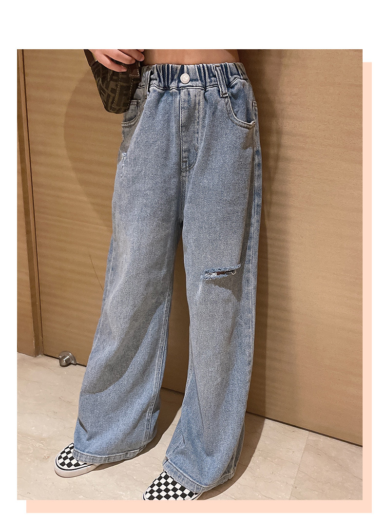 Neue Frühjahr Mädchen Kleidung Kinder Gerade Ripped Loch Lose Jeans Elastische Taille Hose Kind Teen Denim Breite Bein Hosen frühlen – Detail 5