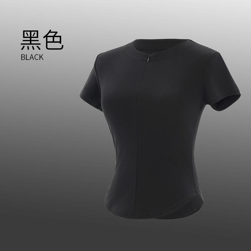 Ropa de yoga para mujeres adultas verano cuello redondo cremallera estilo traje de manga corta simple color sólido transpirable ropa de práctica superior