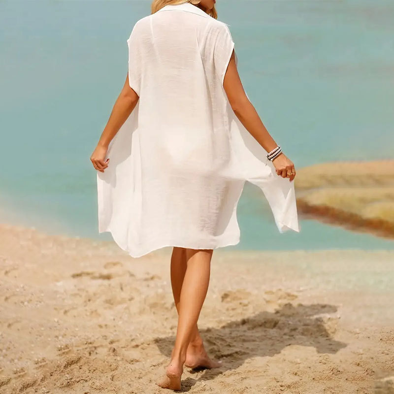 Women Clothing Solid Color Long Sleeveless High Slit See through Beach Sun Protection Shirt Loose Shirt Women Overall Top for Women