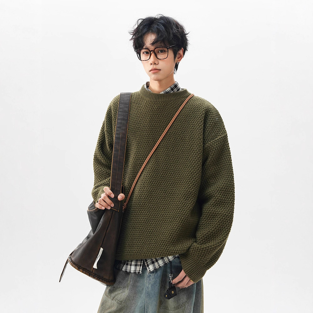 Jianhengmajia American Retro Heavyweight Pineapple Pattern Sweater, Thickened Round Neck, Casual Knitwear for Men, Autumn and Winter