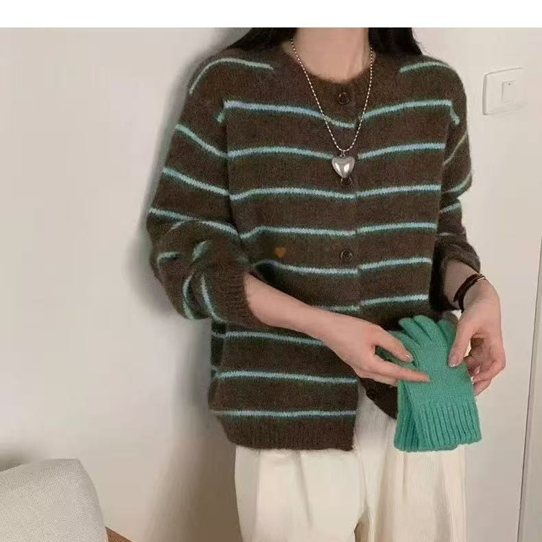 韩版秋冬季新款文艺复古风宽松条纹圆领针织开衫羊驼绒毛衣女外套|undefined