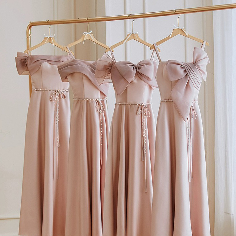 Pink Suspender Satin Bridesmaid Dress 2025 New Spring Niche Sister Group Wedding Large Size Fat mm Evening Dress