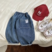 春秋男女童装牛仔裤宝宝洋气儿童个性潮牌韩版时髦字母贴布哈伦裤