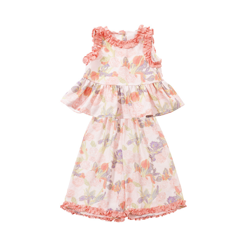 女の子の花の薄いタイプのスーツ2025新型の赤ちゃんの夏のベストの広い足のズボンの2つのセットの子供のファッション的な夏服
