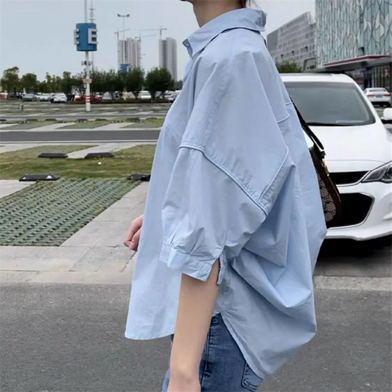 Áo sơ mi nữ cotton mùa hè tay lỡ phong cách Hàn Quốc — Màu xanh lam nhạt chi tiết 3