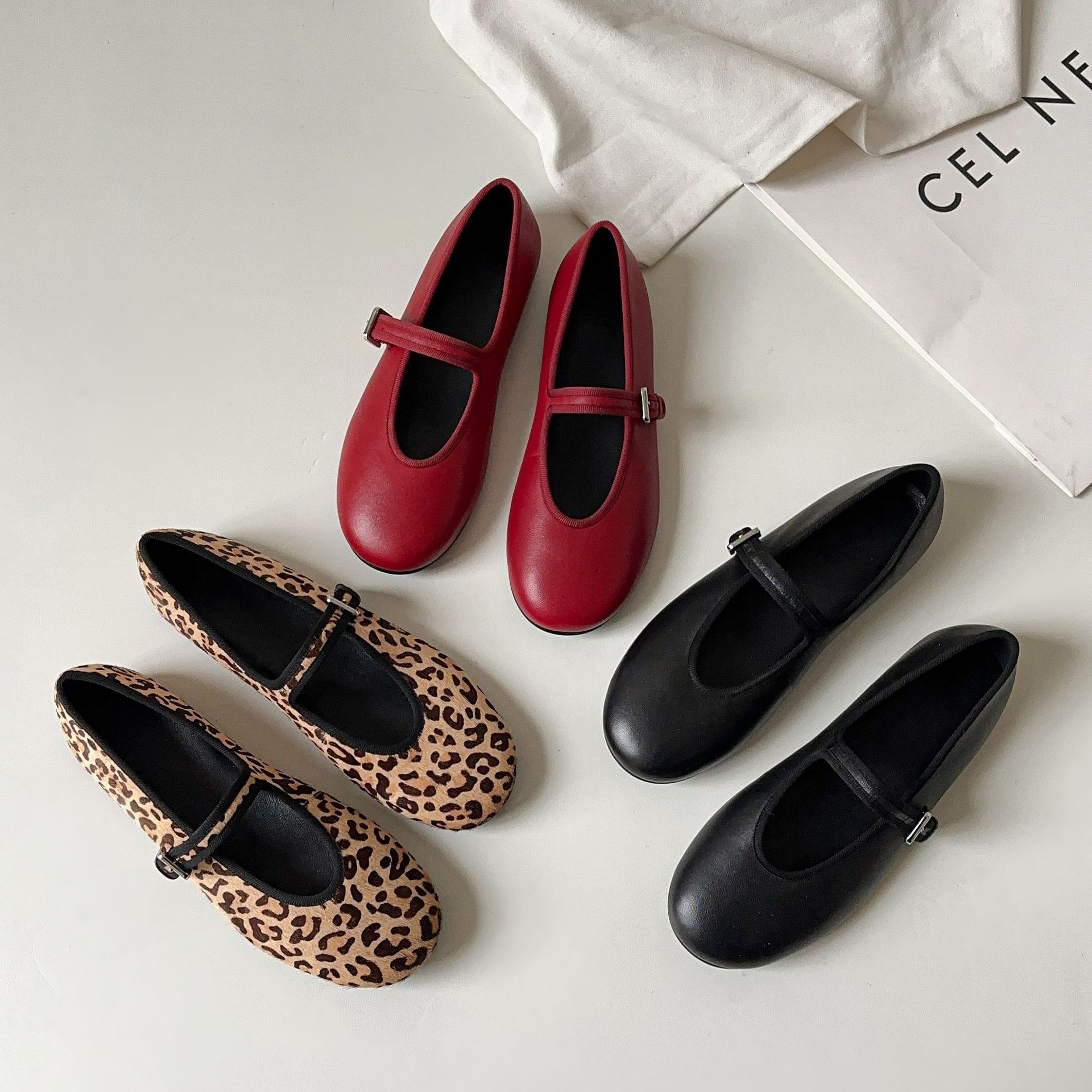 外贸原单玛丽珍鞋女单鞋圆头平底真羊皮马毛豹纹红色春季2025新款