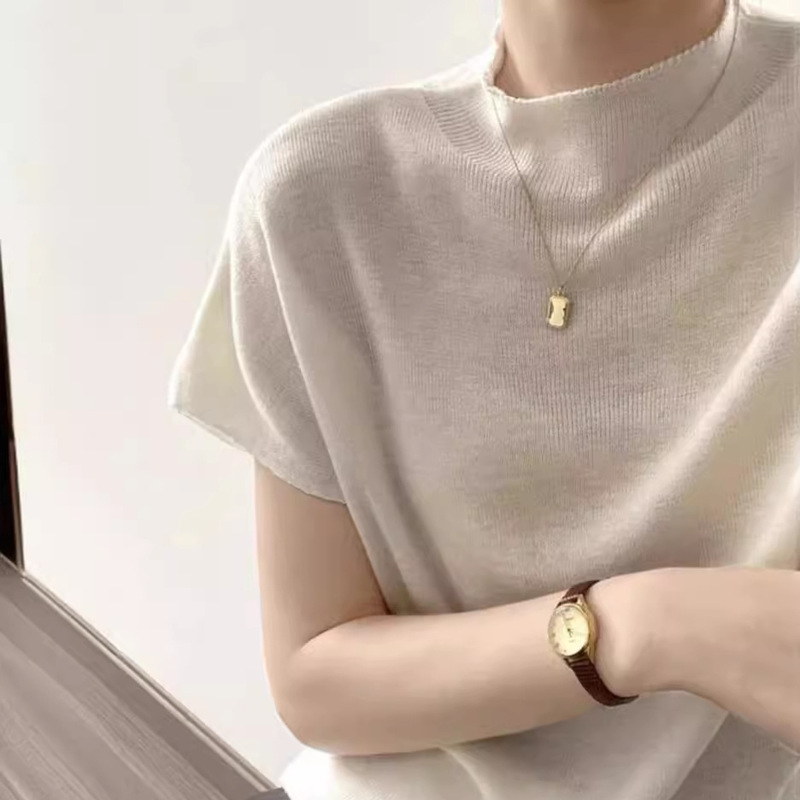 High-end semi-high collar small fly sleeve wool sweater women's spring and summer new loose slimming all-match base top