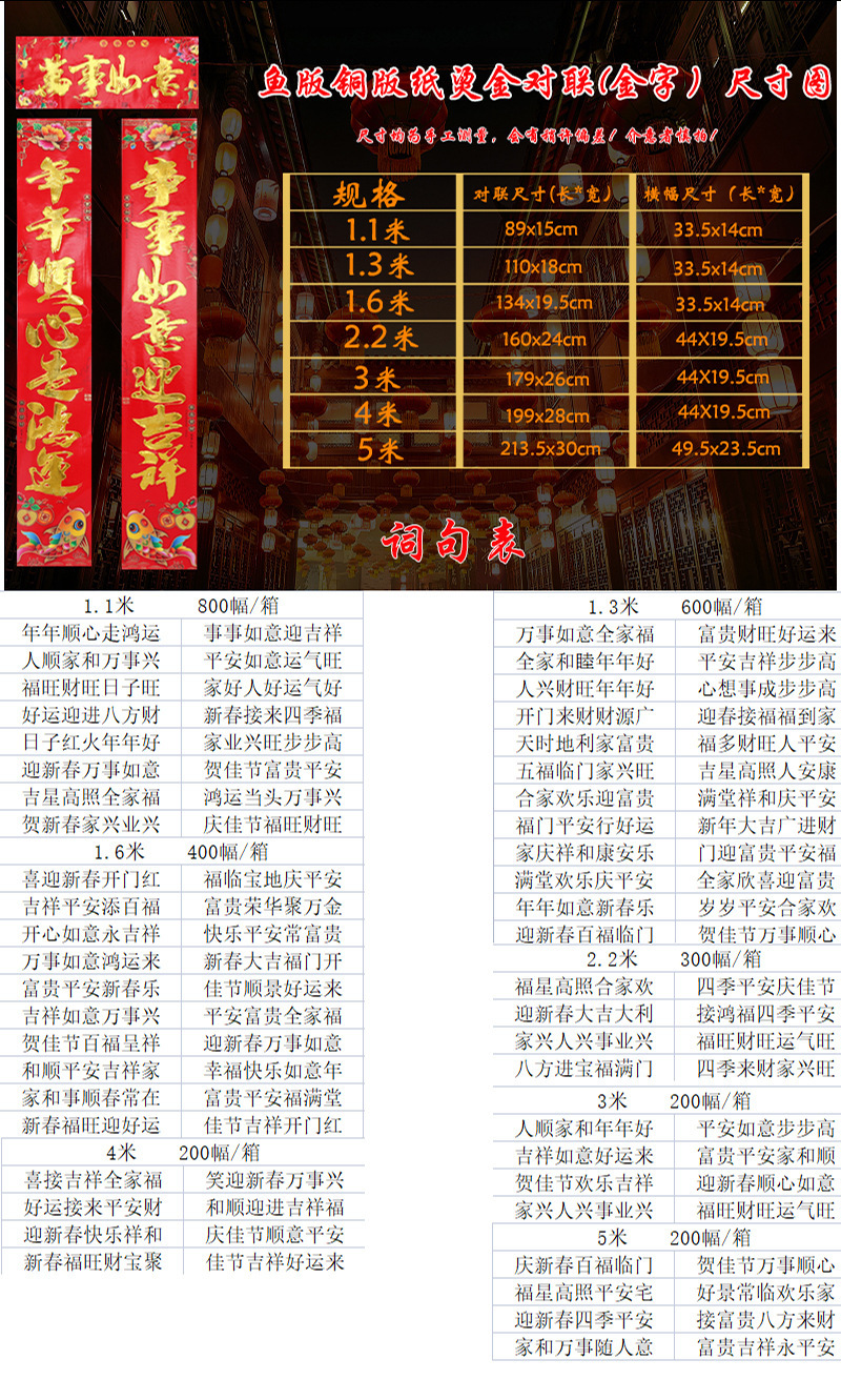 鱼版铜版纸烫金对联（金字）尺寸图+词句表