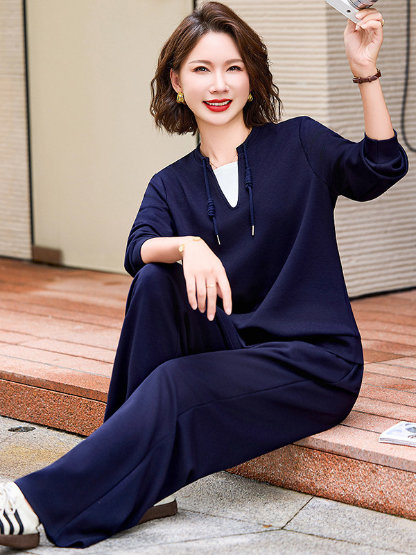 时尚休闲运动套装女妈妈装秋季新款长袖卫衣直筒裤子中老年两件套|undefined