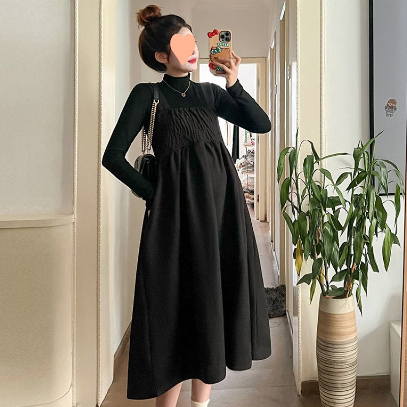 임산부 옷 가을 드레스 슈트 네트 셀러브리티 하프 터틀넥 상의 중간 길이 울 오버올 스커트 가을과 겨울