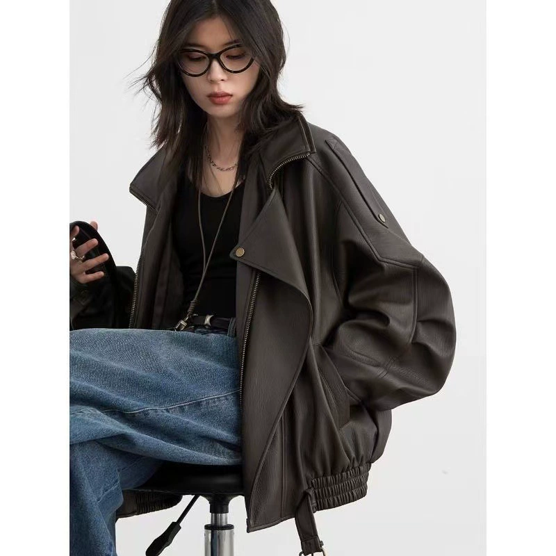 CHICVEN漫游秋季秋新款重工复古立领机车皮衣外套PU夹克上衣