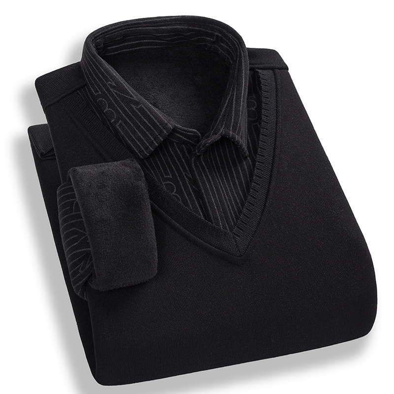 大库存衬衫领假两件一体绒毛衣