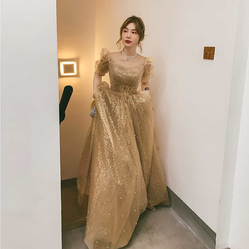 Evening Dress 2025 New Elegant Banquet Female Annual Meeting Host Golden Long Dignified Champagne Color Graduation Dress
