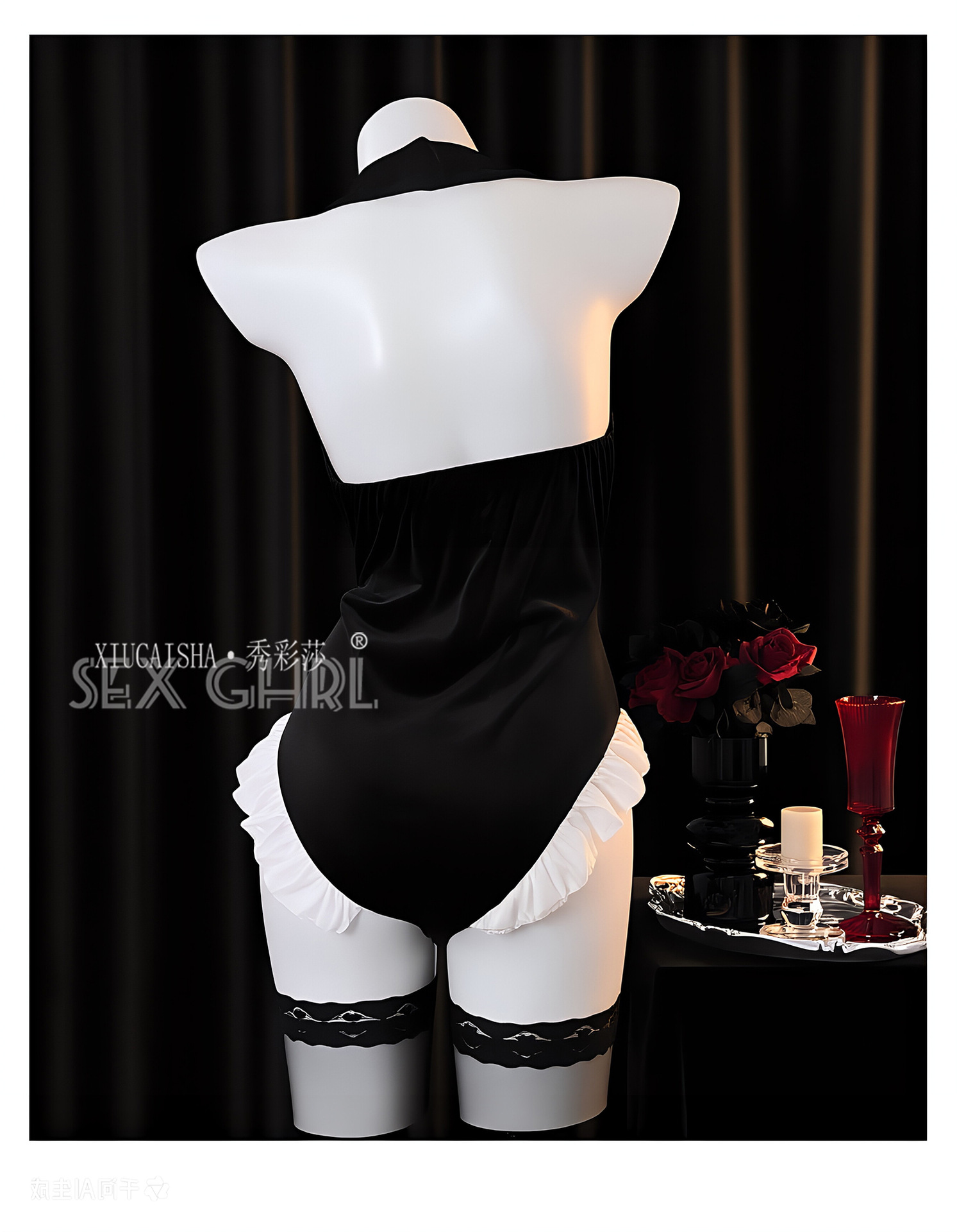 Maid Roleplay Bodysuit Lingerie Set with Headpiece, Black Polyester, One Size — detail image 9