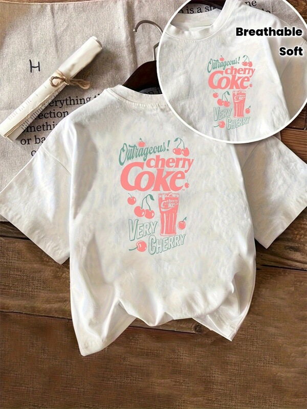 【Cross-Border European Size】[Double Print] Women's Retro Cherry Cola Pattern T-Shirt - 80S Style Short