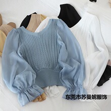 針織衫女春秋新款小清新v領寬松燈籠雪紡拼接上衣甜美收腰女襯衫