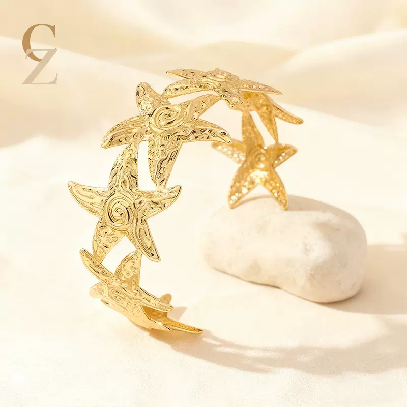 跨境时尚海洋风金色开口手镯女欧美热销高级感海星手环批发