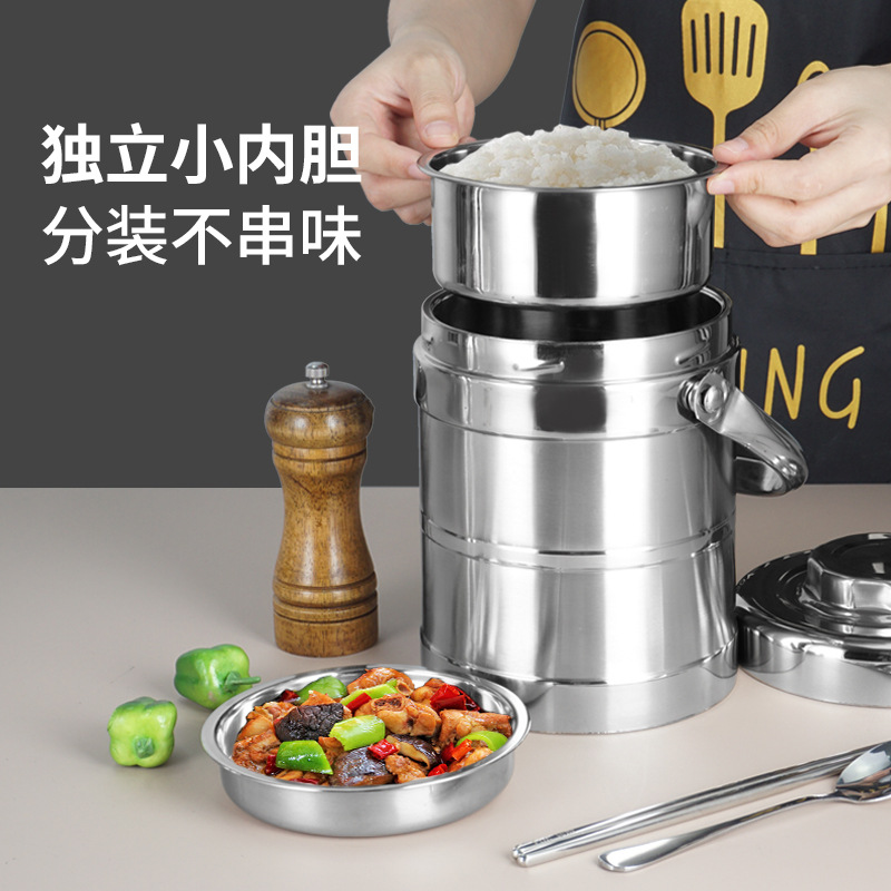 Cubo aislado de tambor recto de acero inoxidable portátil de múltiples capas de gran capacidad lonchera de doble capa con aislamiento al vacío