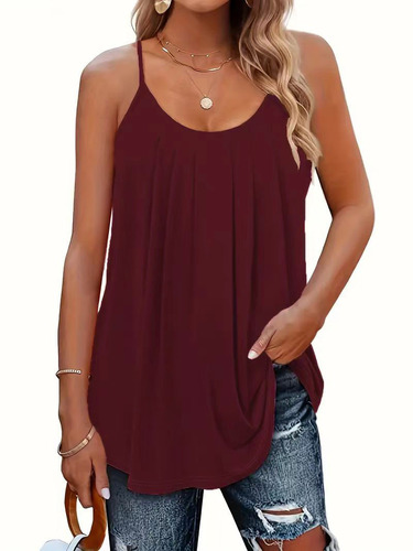 Cross-border European and American Plus-size Solid Color Strappy 2025 Summer Fashion Elegant Pleated Thin-strap Loose Casual Vest