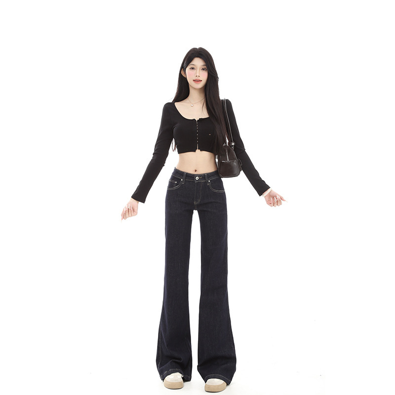 Spring and Autumn Tall Women's American Retro Jeans, Low-Waisted, Slimming, Floor-Length, Loose, Versatile, Slightly Flared Pants