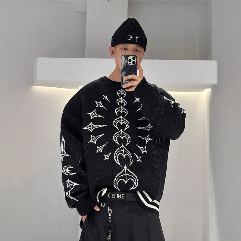 Thug Club 25Fw Thug Club Star and Moon Contrasting Color Stitching Knitted Long-Sleeved Sweater for Men and Women Trendy Brand Pullover