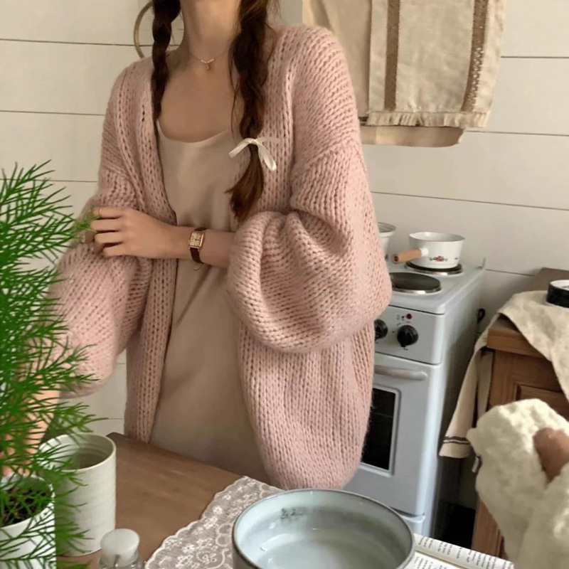 韩系慵懒风灯笼袖针织开衫女秋冬软糯毛衣外套宽松大版外搭罩衫|undefined