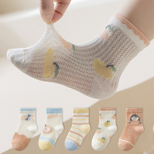 Spring and summer thin mesh glass silk children's socks cute cartoon mid-calf cotton socks boys girls baby socks wholesale