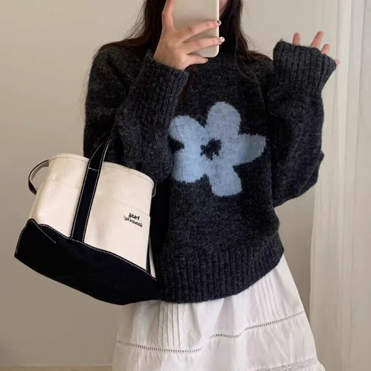 韩系甜美减龄花朵圆领长袖毛衣女秋冬日系软糯外穿内搭针织衫上衣|undefined