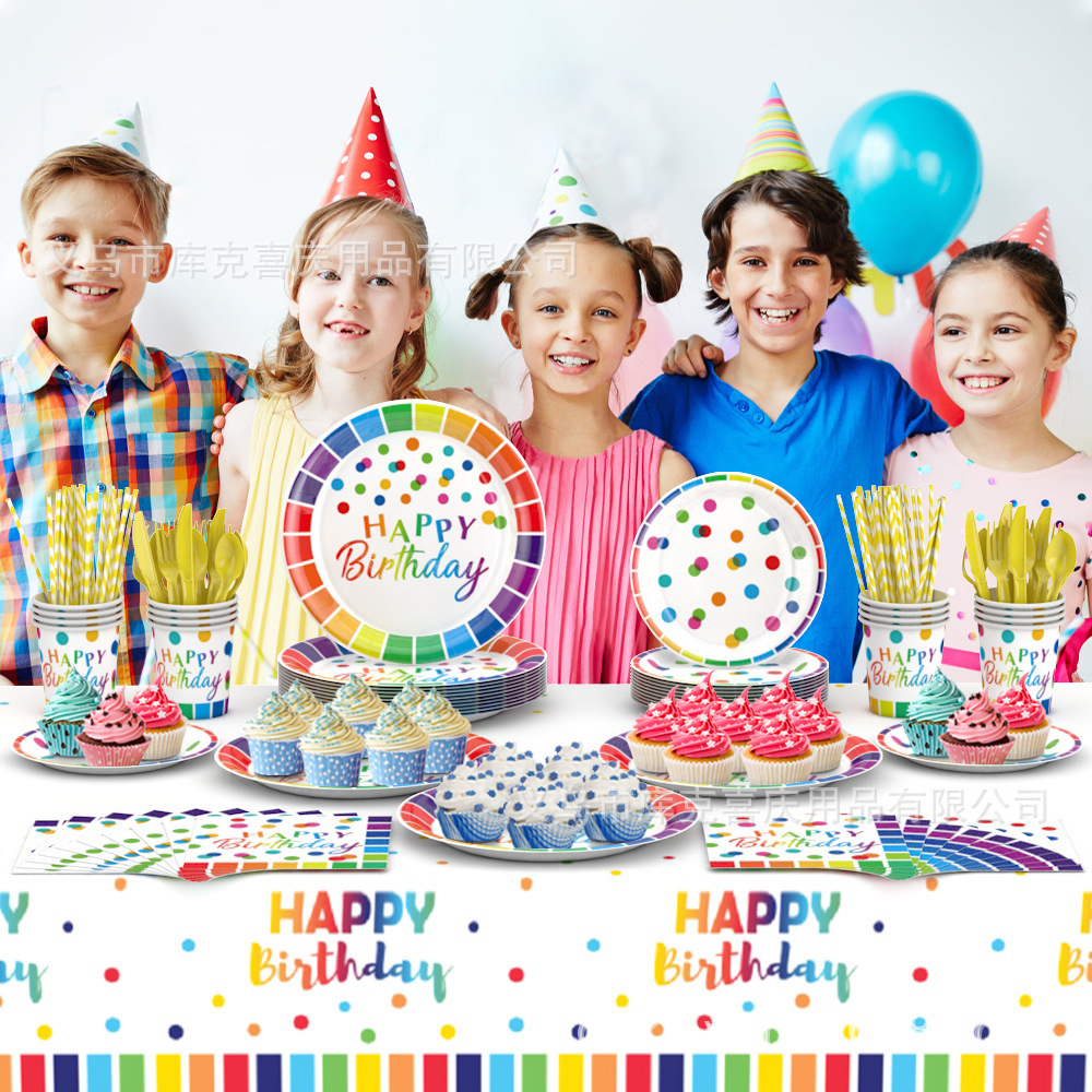 Venta caliente arco iris lunares fiesta de cumpleaños decoración decoración bandeja de papel desechable toalla de papel mantel juego de decoración de bandera brala