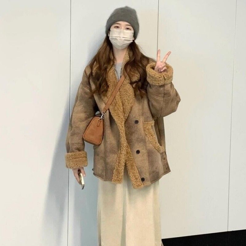 모피 원 람스울 코트 여성의 겨울 새로운 두꺼운 느슨한 게으른 친환경 모피 모피 코트