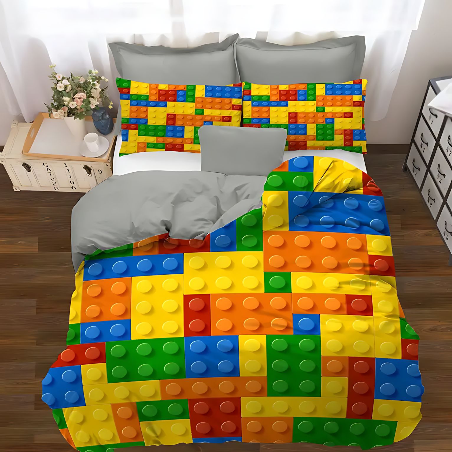 TEMU / JIT comercio exterior bloques de construcción coloridos enclavamiento de alta definición impresión digital abrasión colcha de cama set