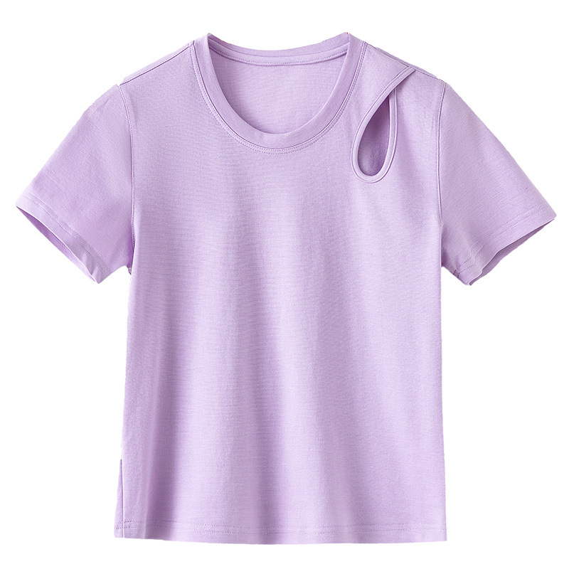 Áo thun nữ tay ngắn thiết kế khoét vai, chất liệu dệt kim acetate Tencel ôm dáng — Màu tím