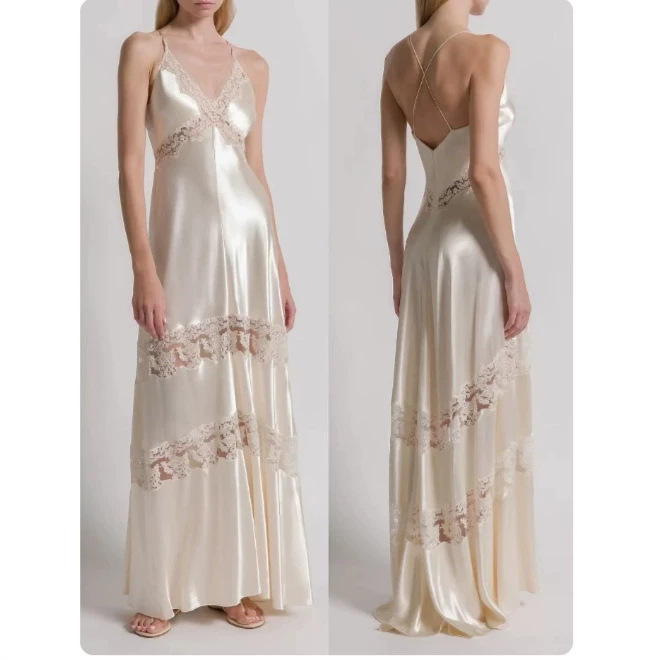 Normany BMANG Floating Moonlight Satin Flowing Spaghetti Strap Lace Patchwork Long Dress